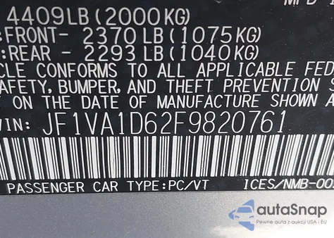 2015 Subaru Wrx Premium z USA, uszkodzony, nr VIN JF1VA1D62F9820761